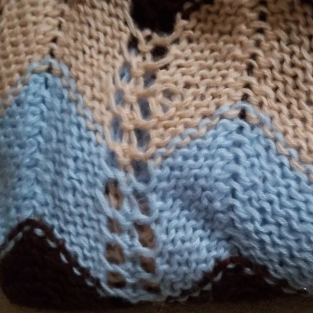 Handknit Chevron Brown/Beige/Powder-Blue  Blanket